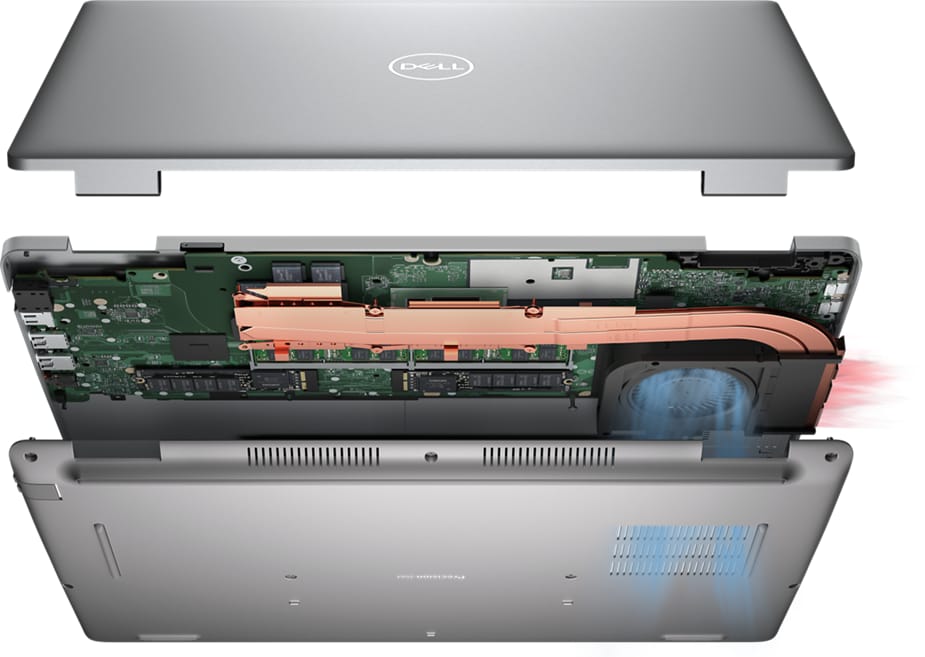 תמונה של תחנת עבודה ניידת מפורקת מדגם Precision 3571 של Dell בגודל 15 אינץ', המציגה את פנים המוצר.