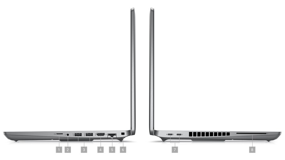 Imagen de dos estaciones de trabajo móviles Dell Precision 3571 colocadas de lado, en la que se muestran los puertos y las ranuras del lado de los productos.