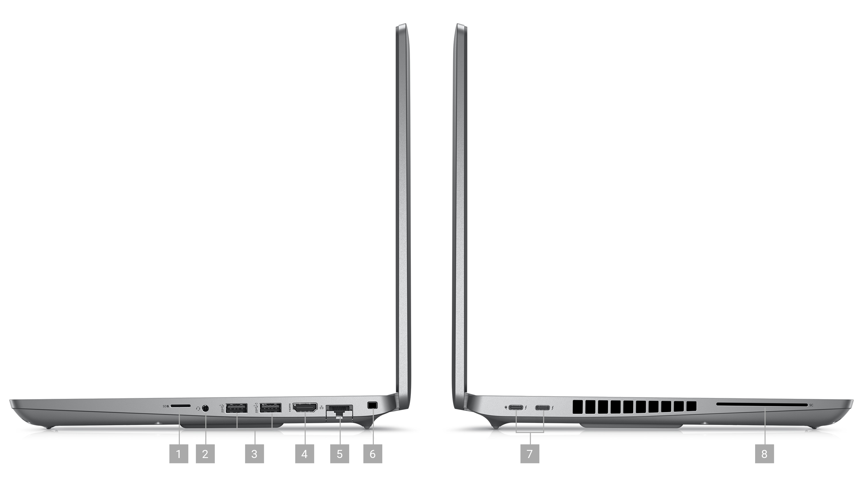 Image de deux stations de travail mobiles Dell Precision 3571 placées latéralement, illustrant les ports et les logements sur le côté des produits.