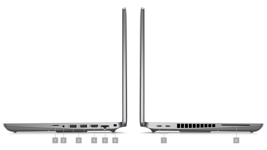Ilustracja dwóch mobilnych stacji roboczych Dell Precision 3571 ustawionych bokiem, ze wskazaniem bocznych portów i gniazd.