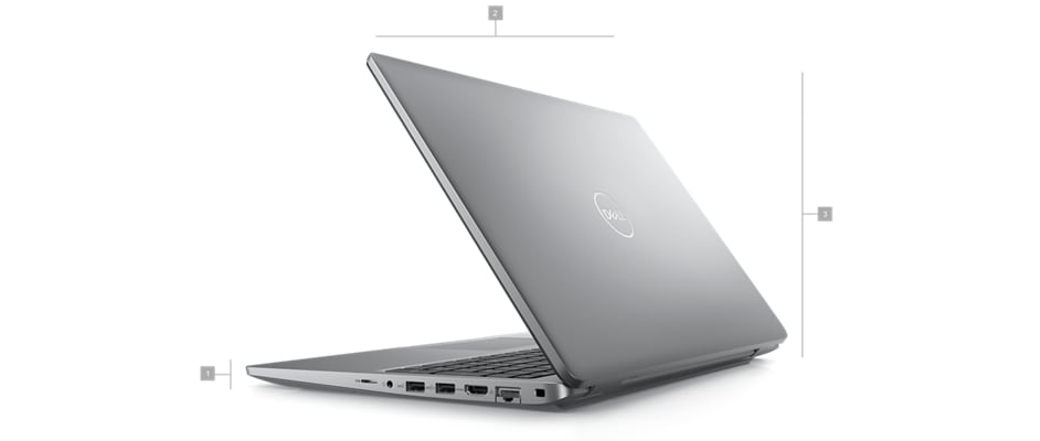 Dell Precision 15 3581 Workstation Laptop with numbers from 1 to 3 showing the product dimensions and weight.