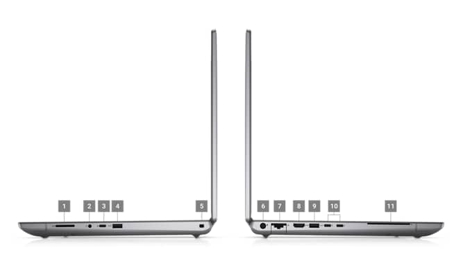 Zdjęcie przedstawiające dwie mobilne stacje robocze Dell Precision 7670 ustawione bokiem z liczbami od 1 do 11 wskazującymi porty urządzeń.