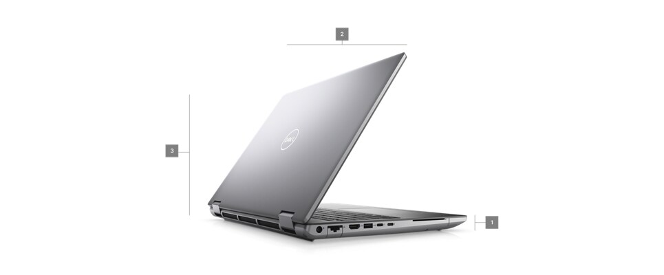 Dell Precision Workstation 16 7680 Laptop with numbers from 1 to 3 showing the product dimensions and weight.