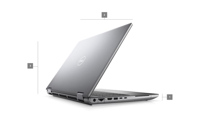 Dell Precision Workstation 16 7680 Laptop with numbers from 1 to 3 showing the product dimensions and weight.