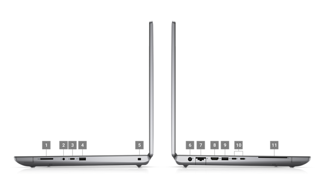 Εικόνα δύο φορητών σταθμών εργασίας Dell Precision 7770 που έχουν τοποθετηθεί πλευρικά, με αριθμούς από το 1 έως το 11 που υποδεικνύουν τις θύρες του προϊόντος.