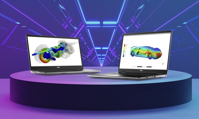 Image de deux stations de travail mobiles Dell Precision 17 7770 avec un outil de retouche d’image sur les deux écrans.