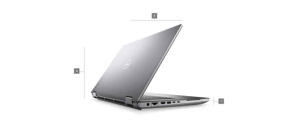 Dell Precision 17 7780 Laptop Workstation with numbers from 1 to 3 showing the product dimensions and weight.