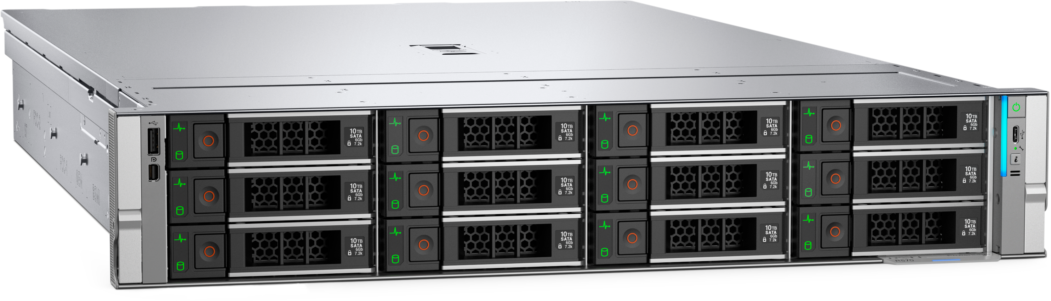 View right-facing PowerEdge R570 Rack Server with Bezel