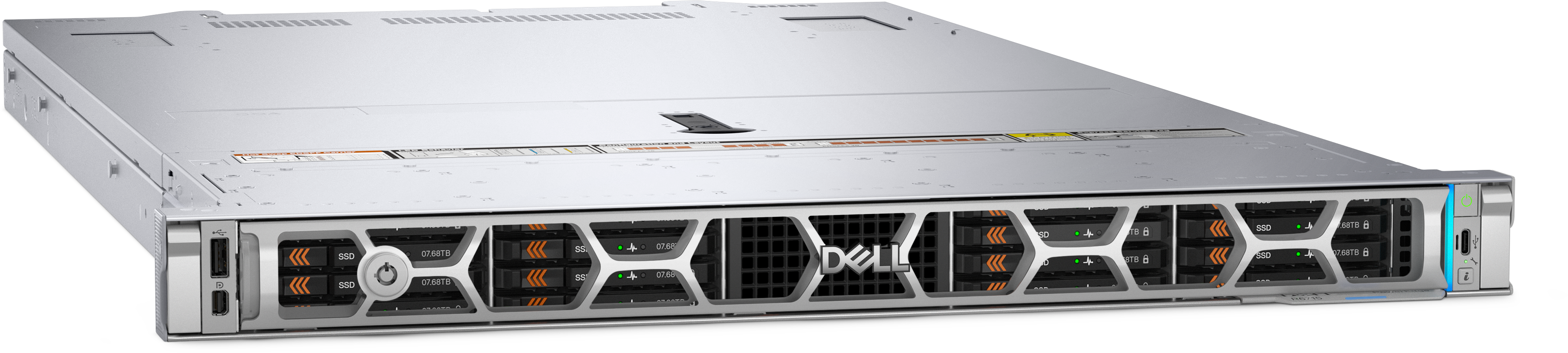 View right-facing A R6715  Server from the front and slight right  with a silver honey comb bezel and the dell logo.