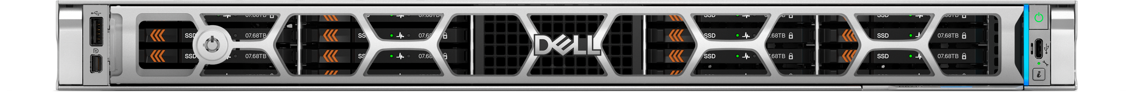 View forward-facing A R6715 Server front facing to the left with a silver honey comb bezel and the dell logo.