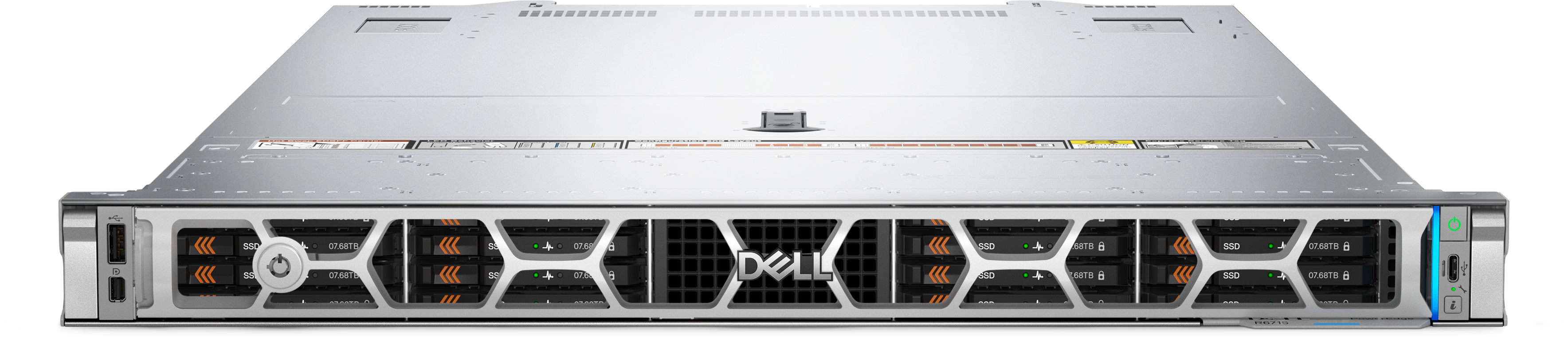 A R6715 Server from thefront top down  with a silver honey comb bezel and the dell logo.