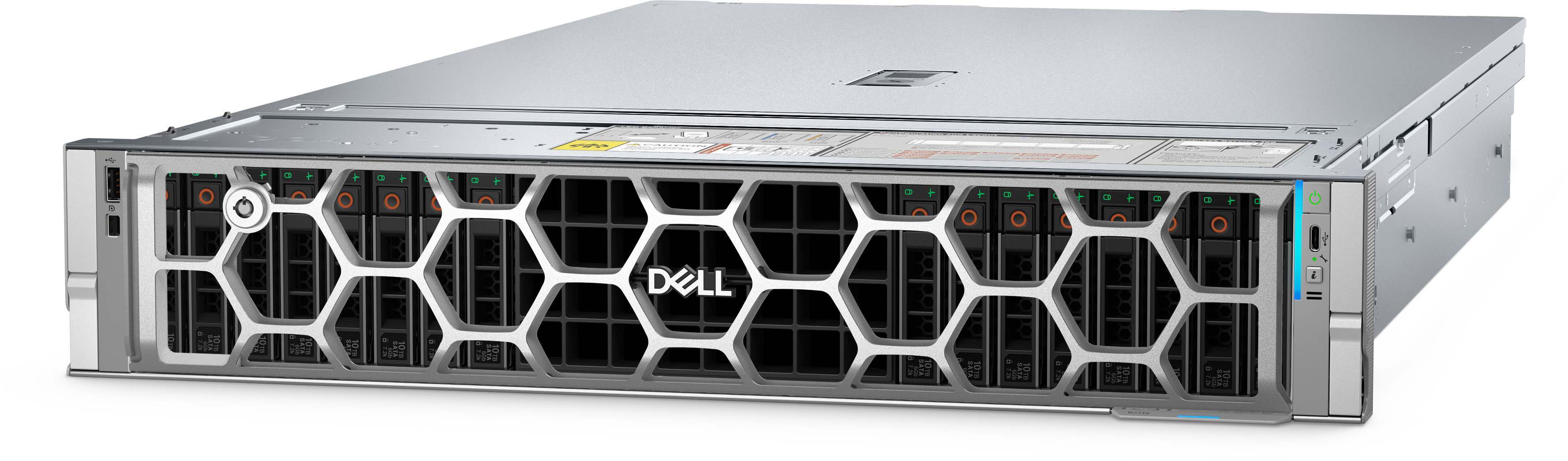 A R7715 Server front on tilted slightly to the left with a silver honey comb bezel and the dell logo.
