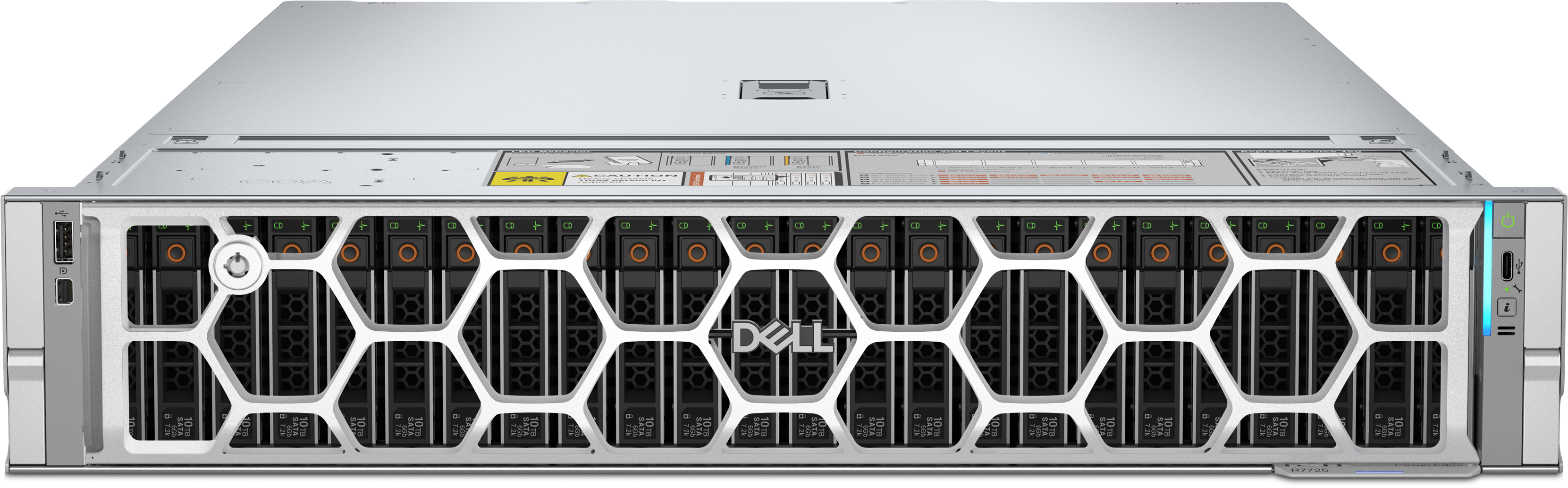 A R7725 Server from thefront top down  with a silver honey comb bezel and the dell logo.