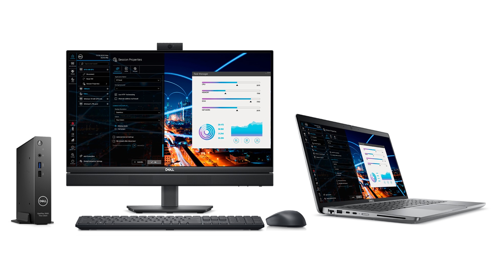 Front facing Dell OptiPlex desktop setup with keyboard and mouse and a Dell laptop.