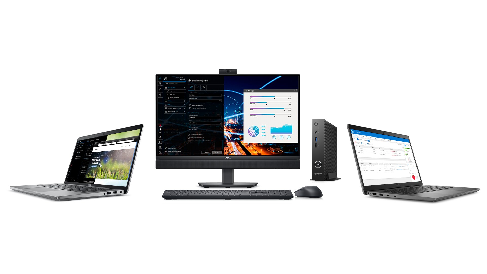 兩台 Dell 筆記型電腦和一台 Dell 多合一桌上型電腦。