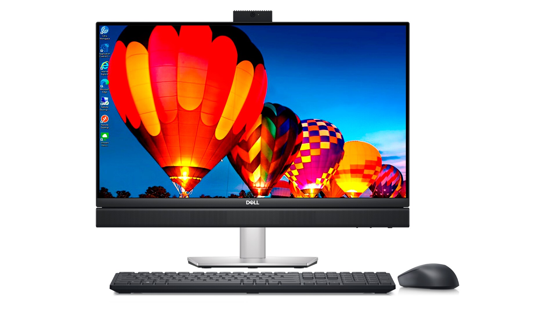 Front facing Dell all-in-one desktop, keyboard, and mouse