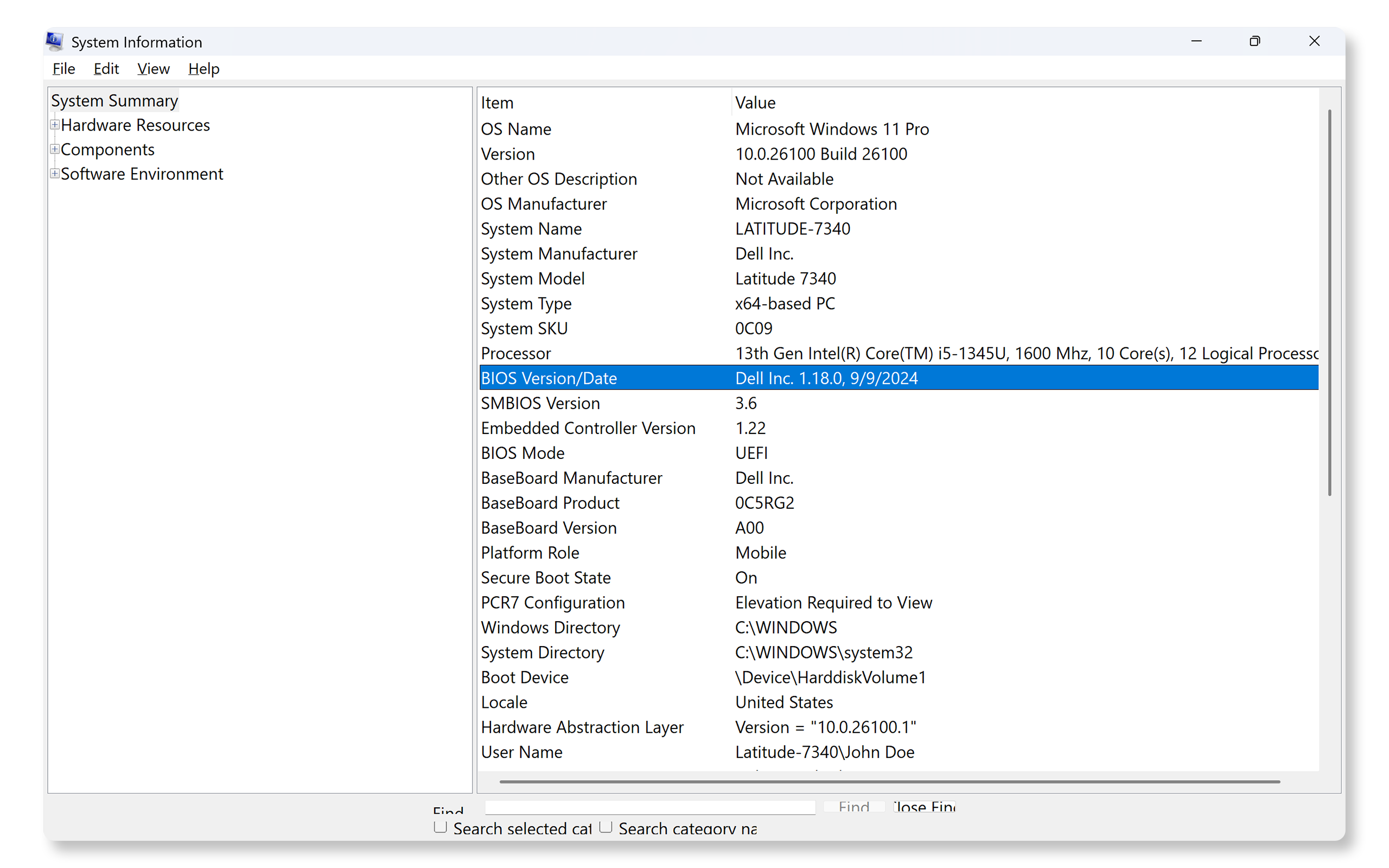 BIOS version in Windows System Information