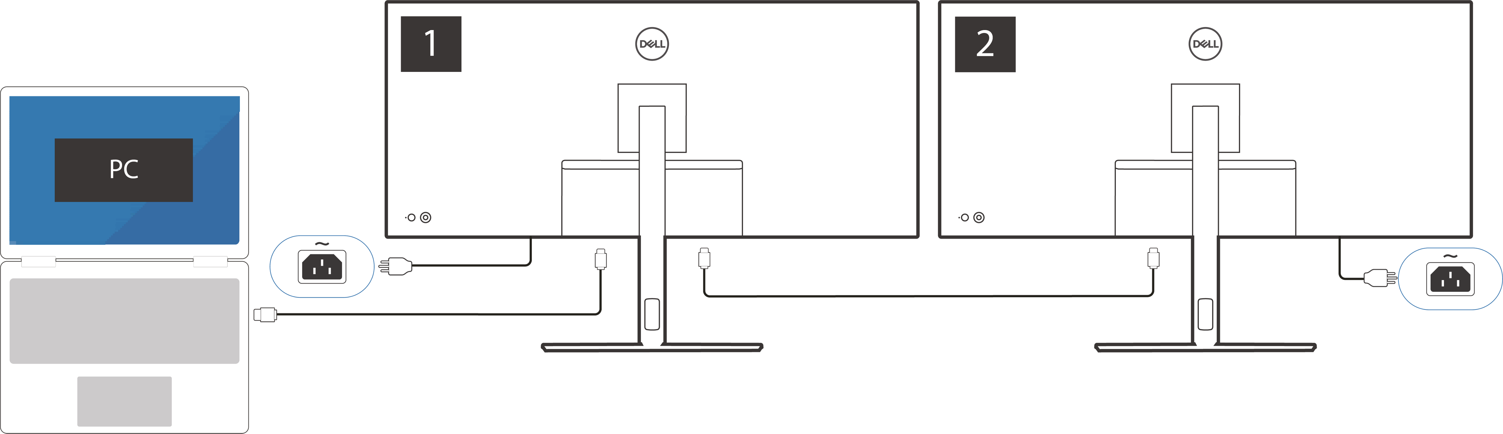 Dos monitores Dell conectados en cadena margarita mediante un cable DisplayPort y conectados a una laptop mediante USB-C