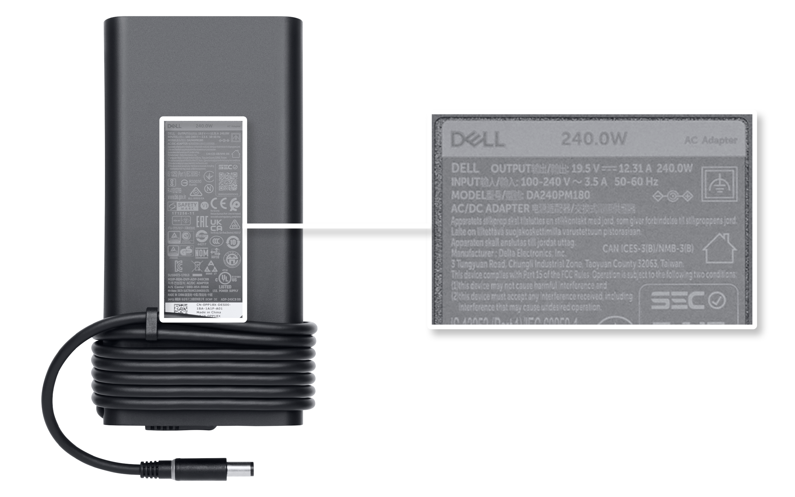 Label with specs of a Dell laptop charger