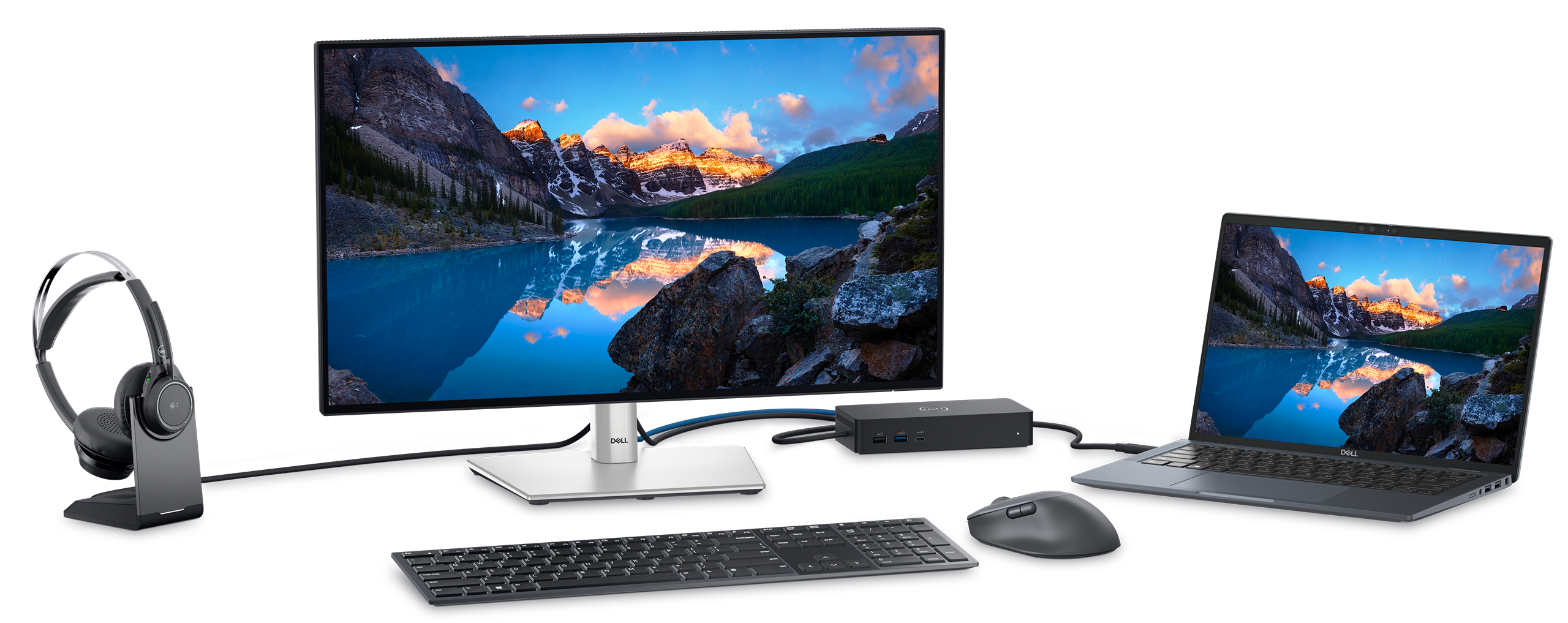 Dell Universal USB dock with a laptop, monitor, keyboard, and mouse