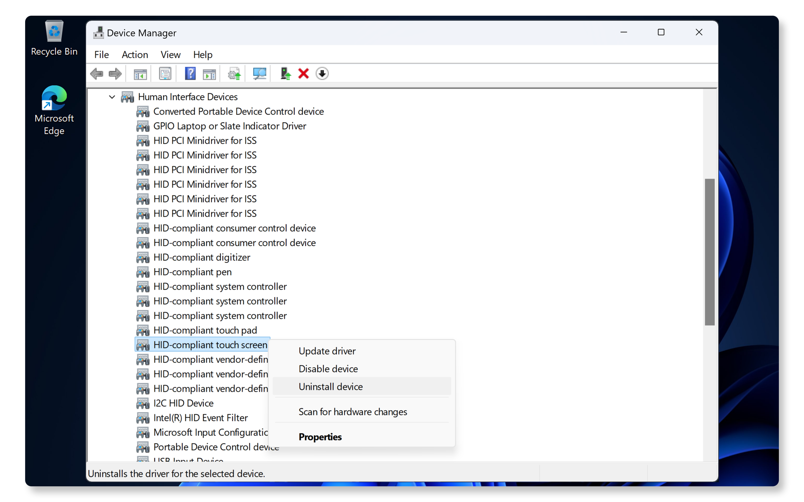Desinstale el controlador de la pantalla táctil en el Administrador de dispositivos