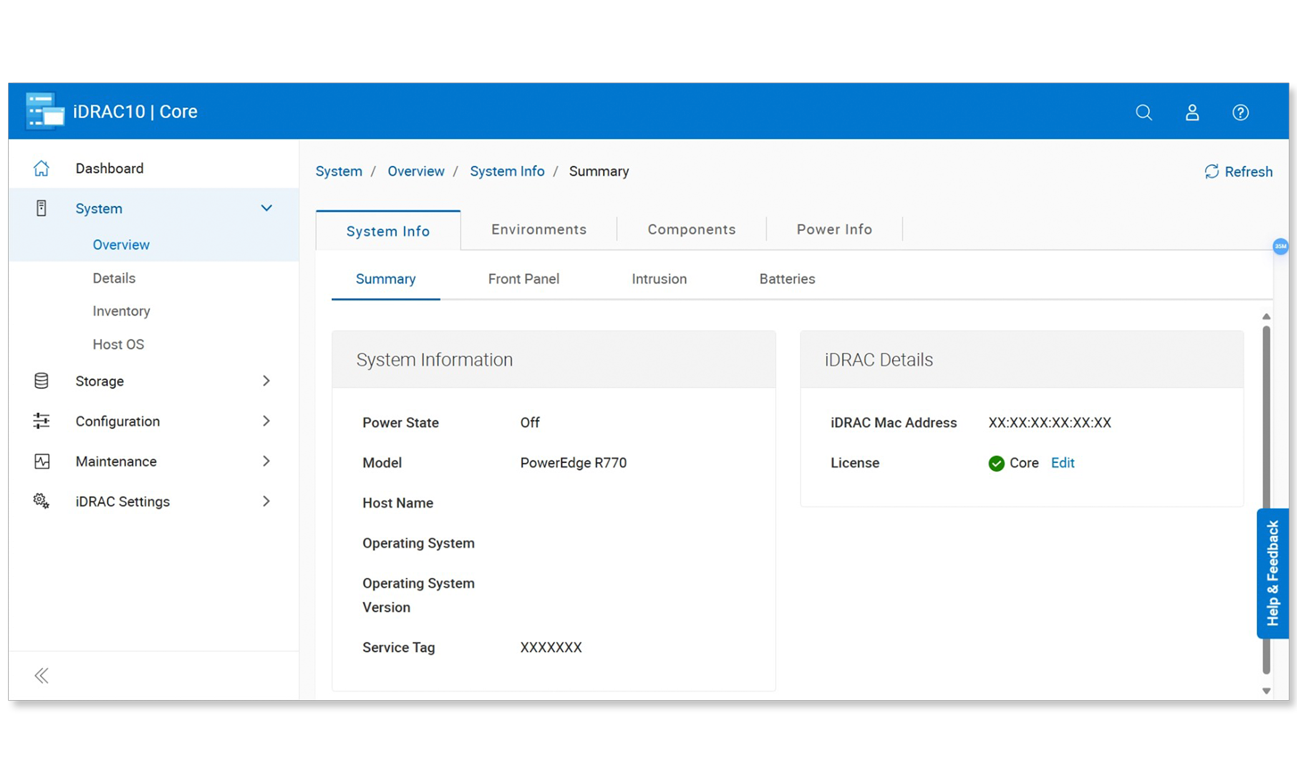 Service Tag under the Overview section of iDRAC 10