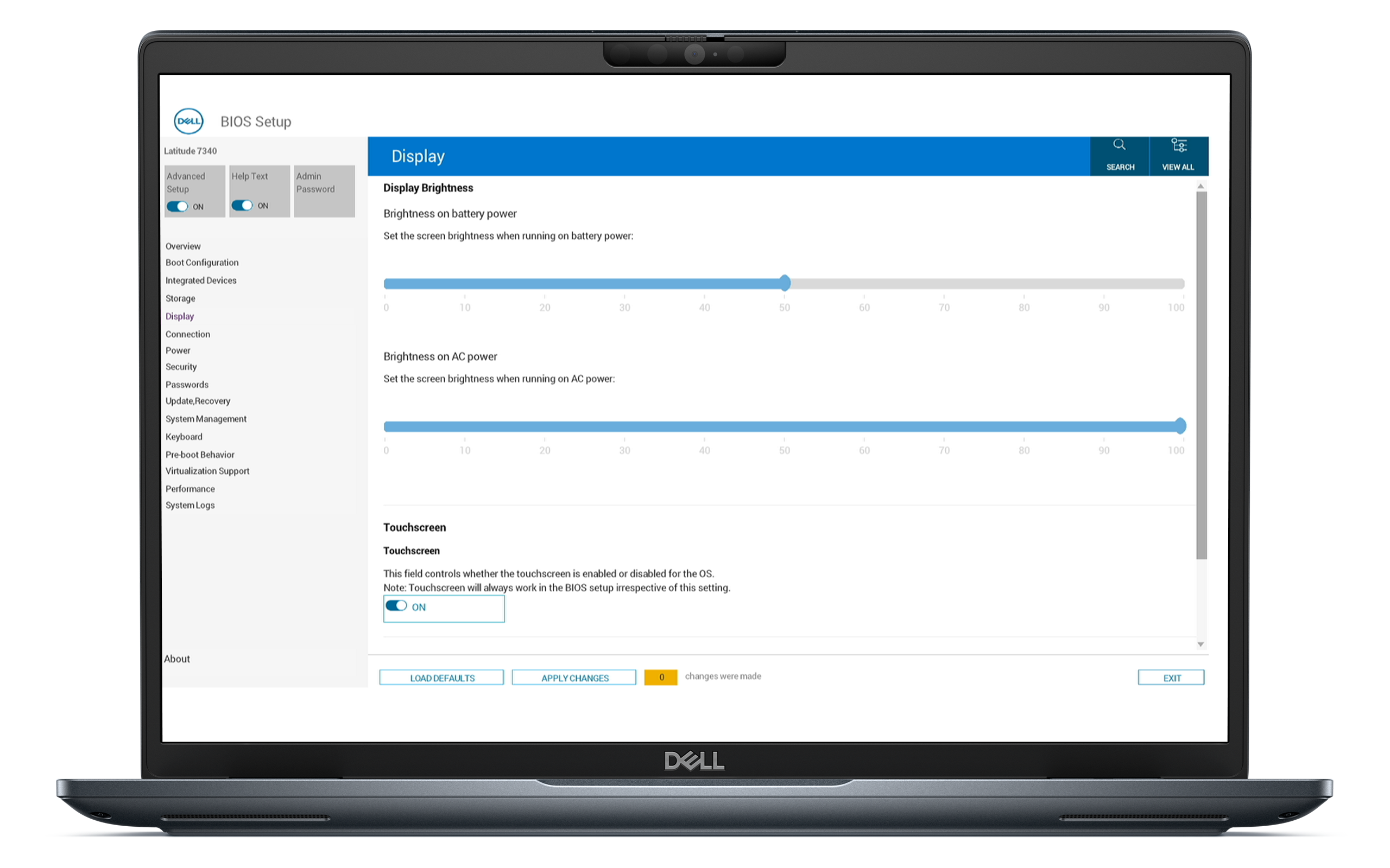 Opción de pantalla táctil habilitada en el BIOS de la laptop