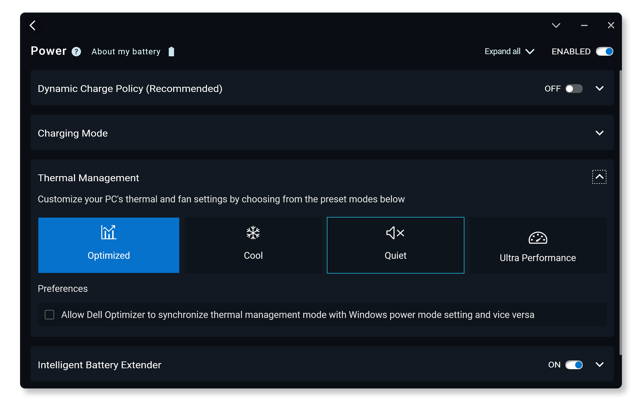 Thermal settings in Dell Optimizer app