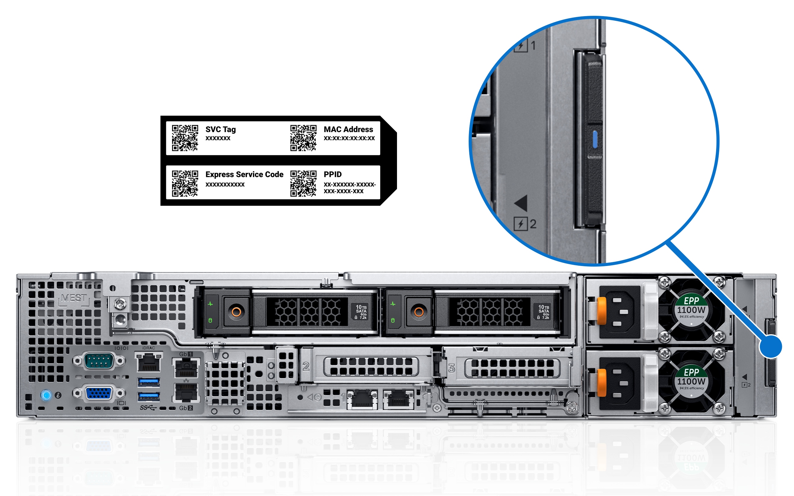 Close up view of Service Tag location on PowerEdge R740XD2