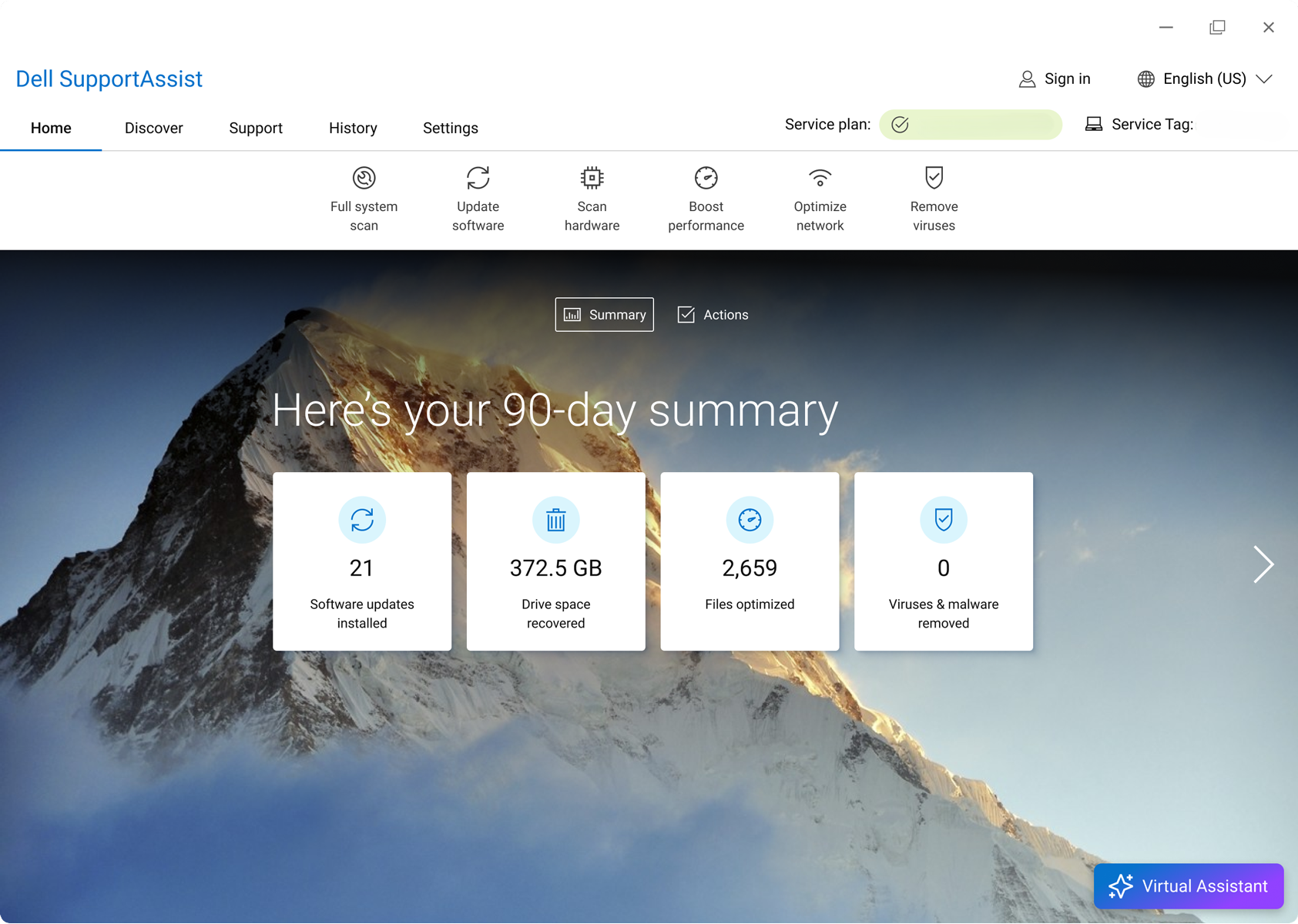 SupportAssist Home Screen with Virtual Assistant Button
