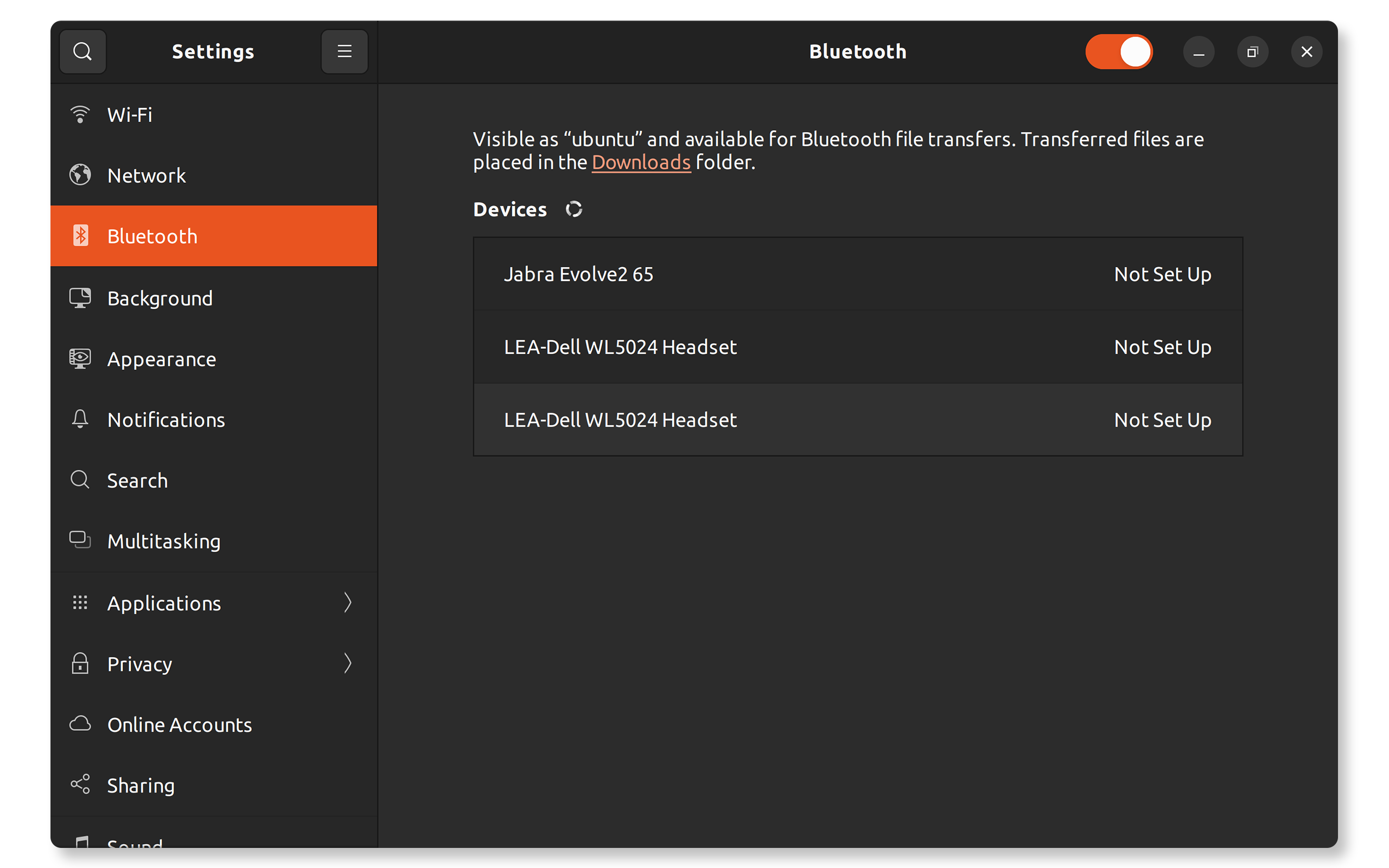 Bluetooth settings panel showing detected devices