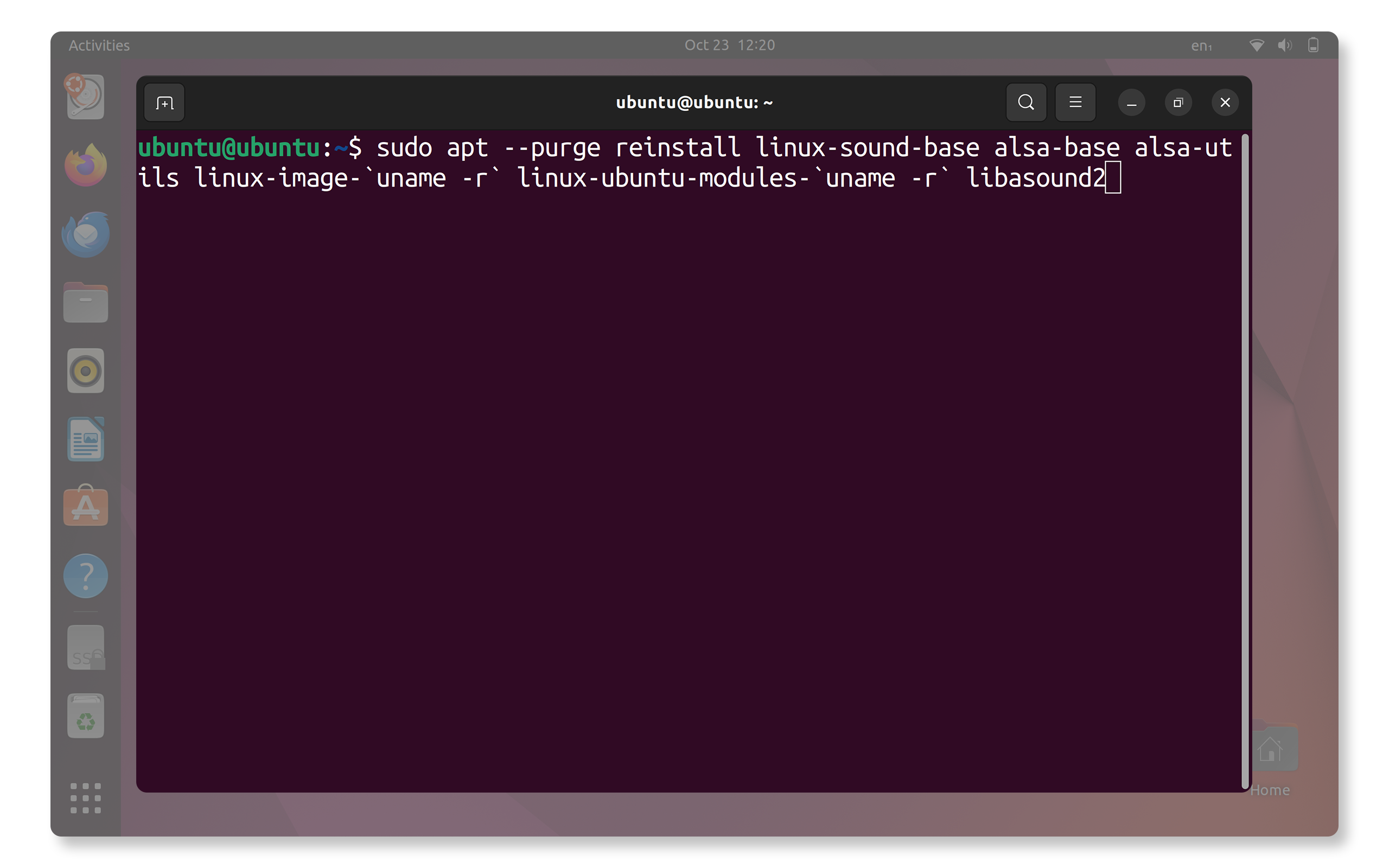 Ubuntu terminal with alsa driver reinstall command