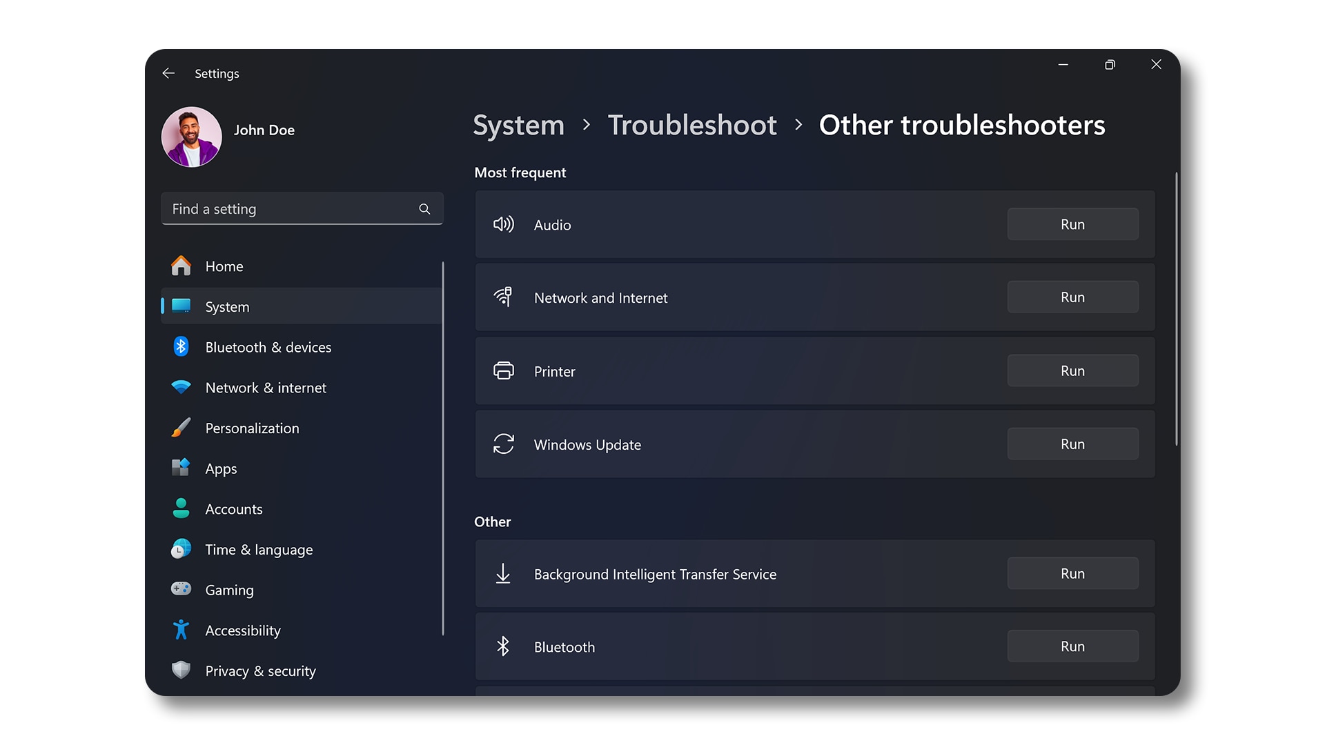 Run button for audio troubleshooter in Windows