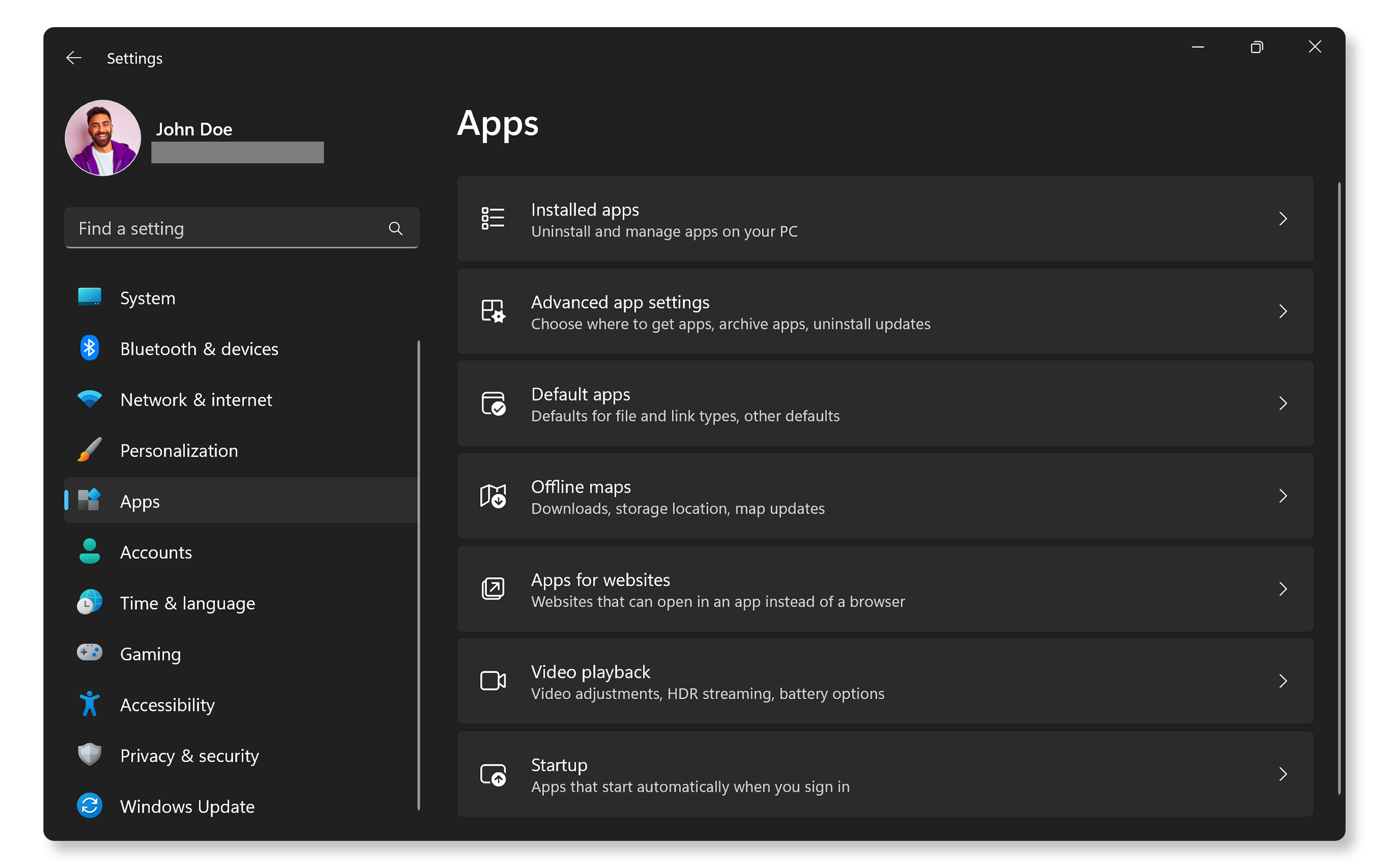 Installed apps in Windows Apps settings