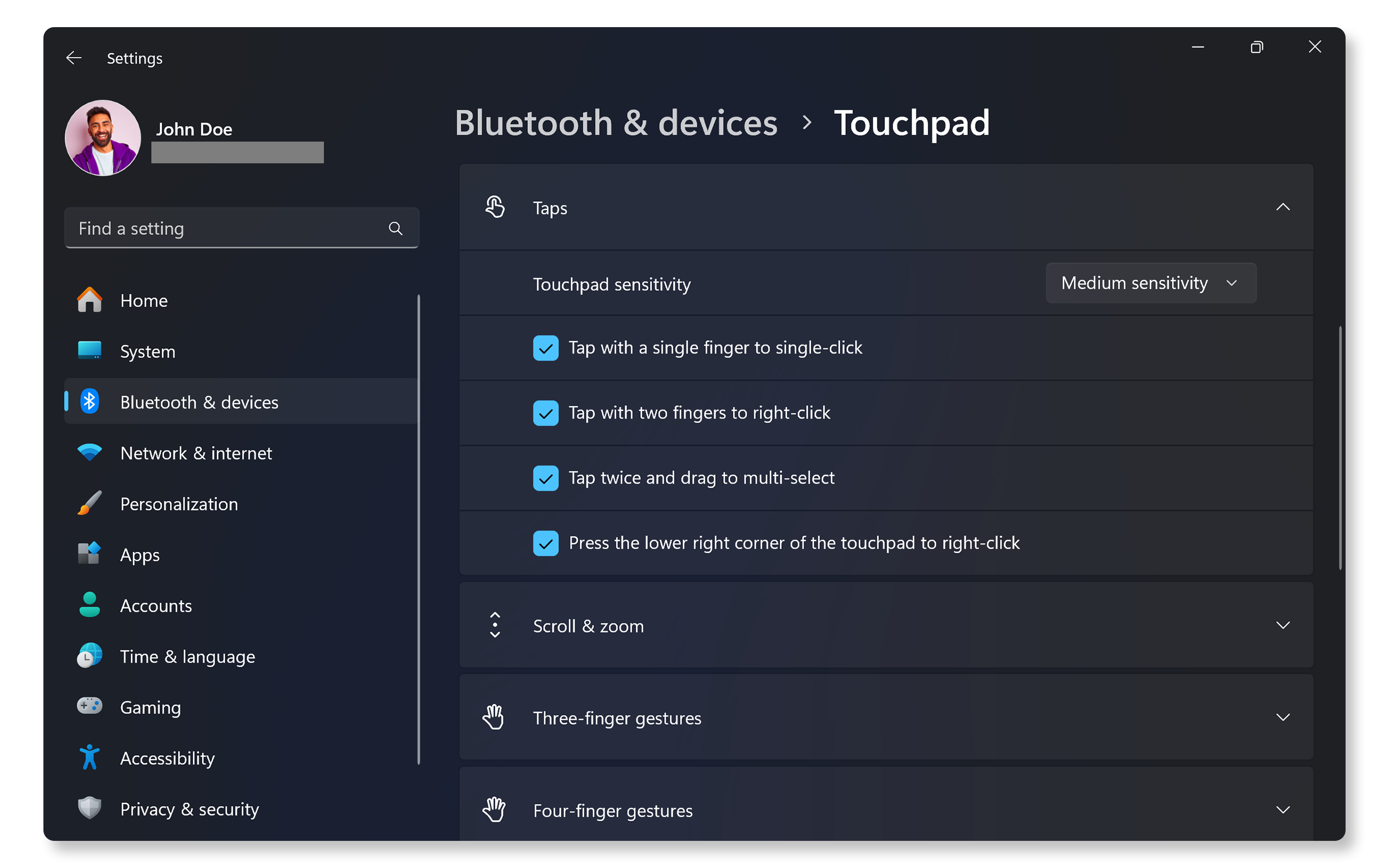 Touchpad tap settings in Windows