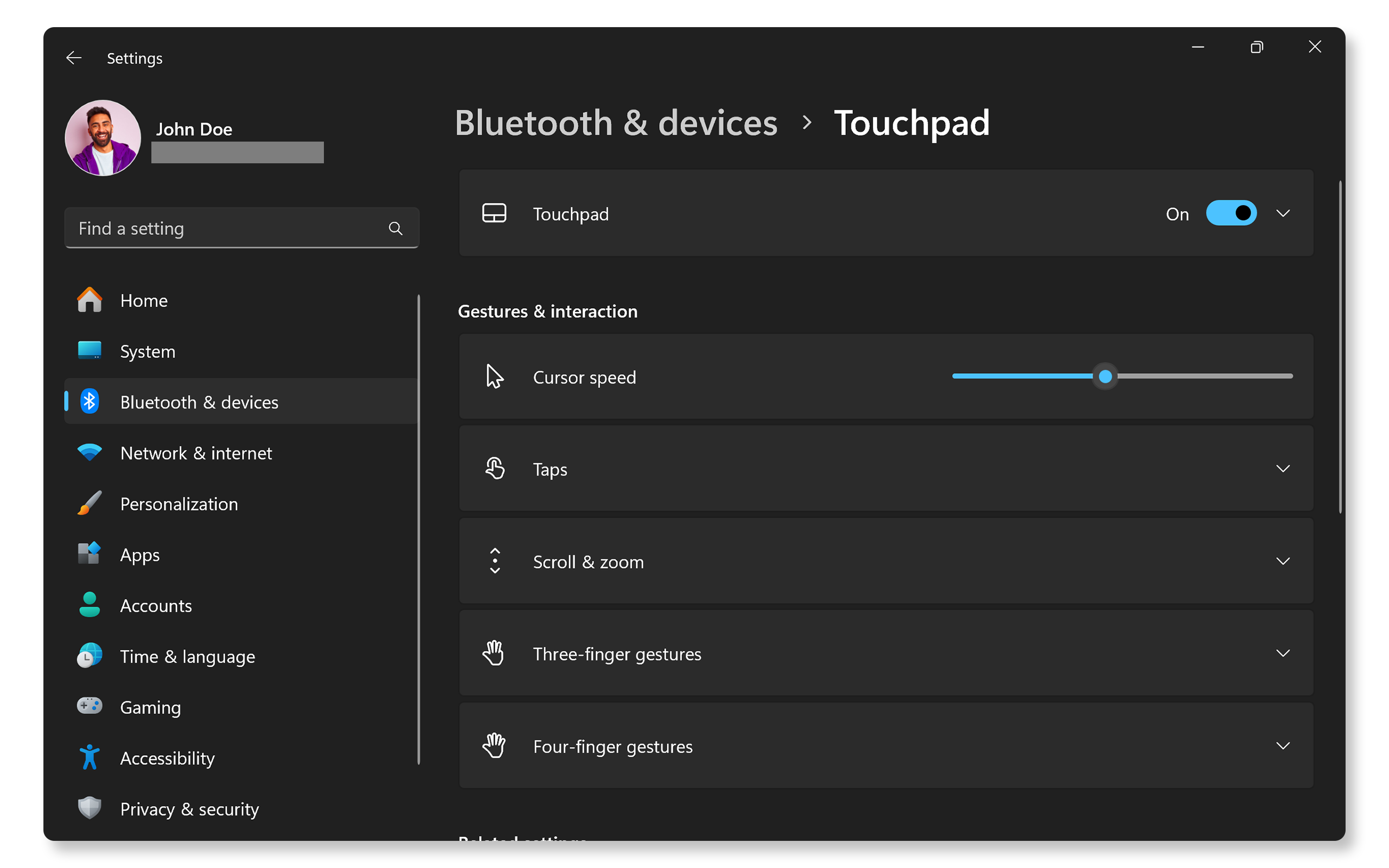 Touchpad option turned on in Windows settings