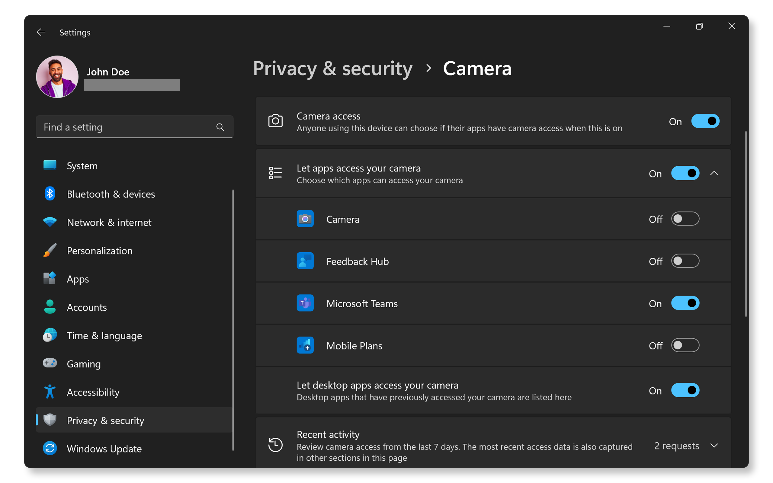 List of apps with camera access enabled in Windows