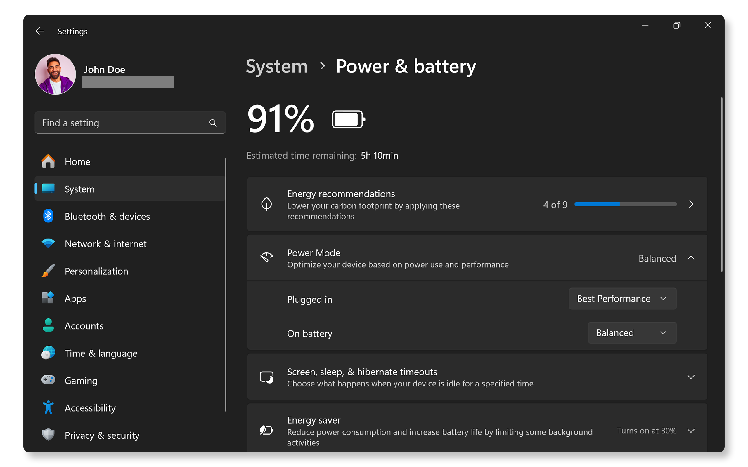 Power mode set to Balanced in Windows settings