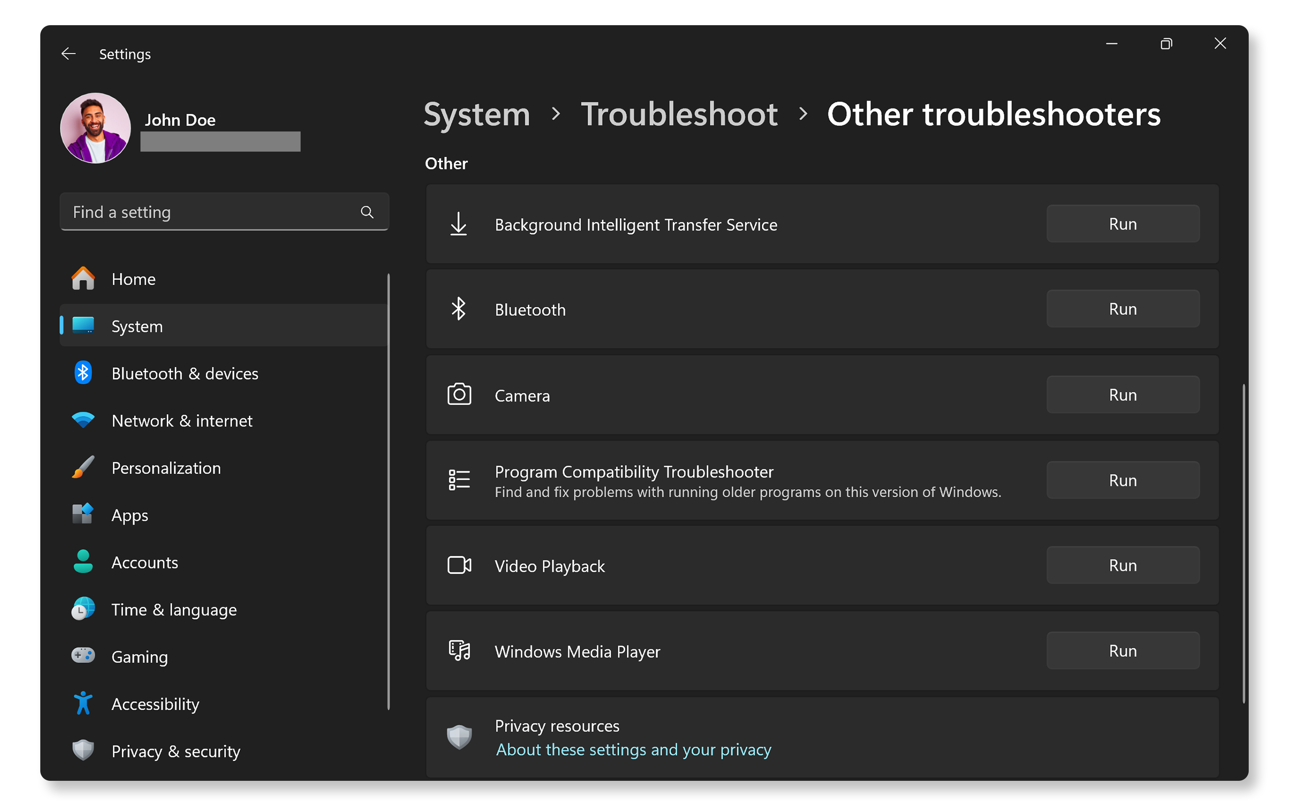 Camera troubleshooter in Windows