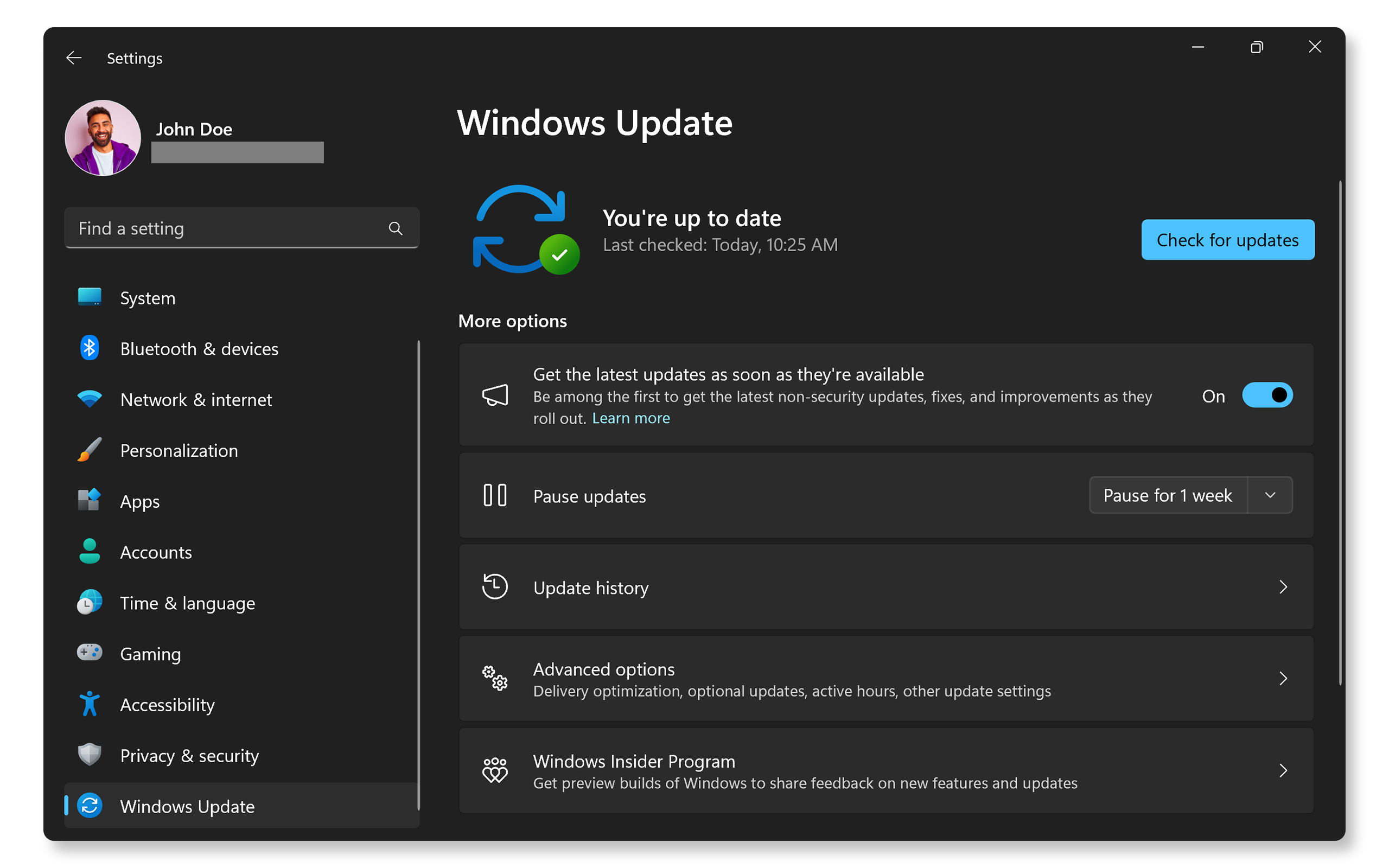 Check for updates in Windows settings