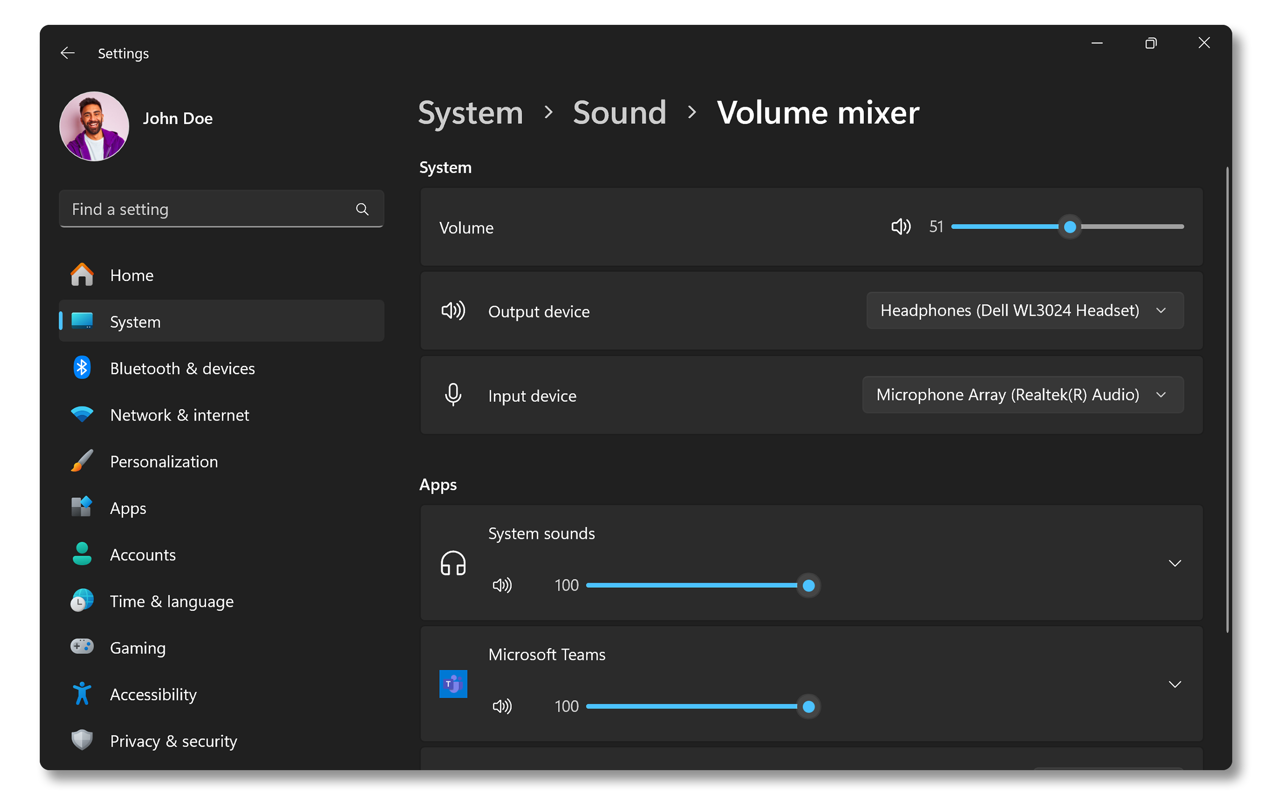 Volume slider and output device in volume mixer settings