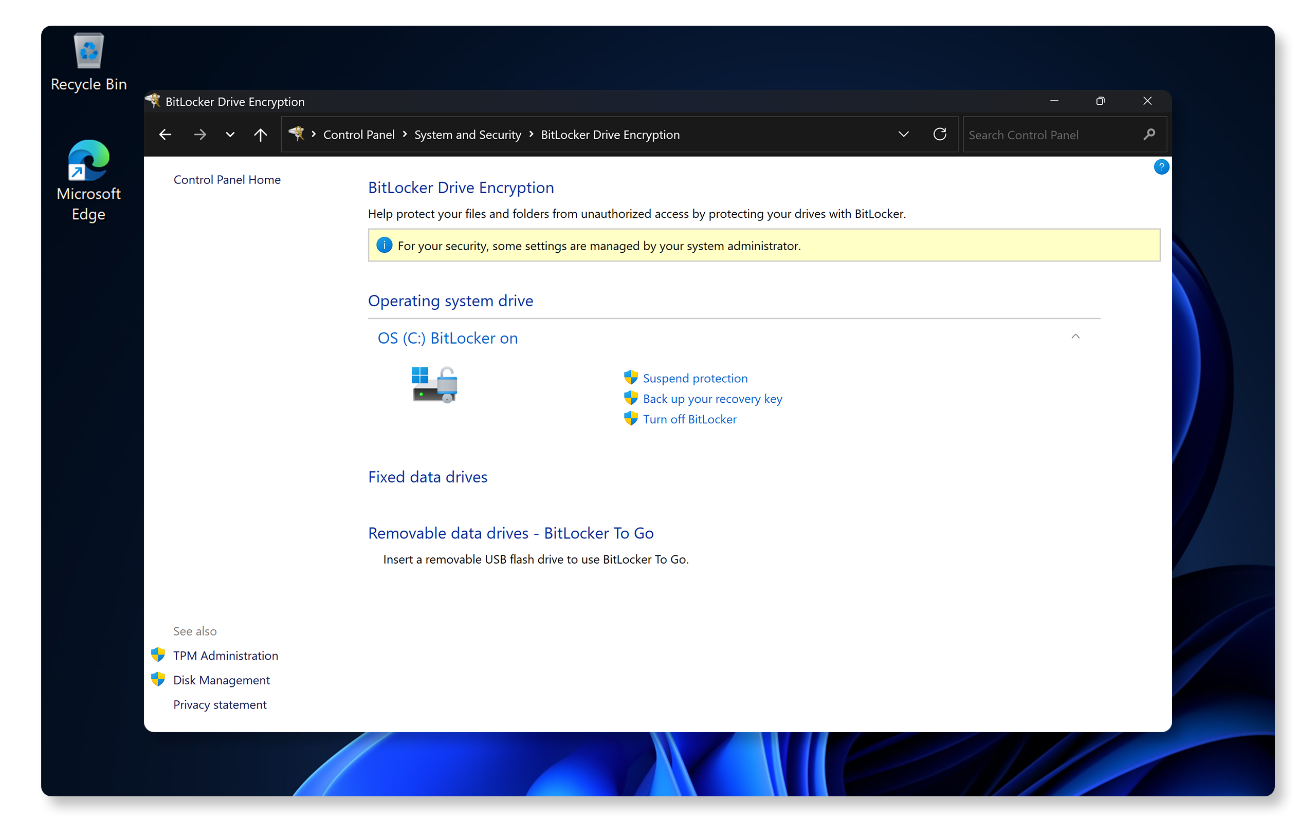 コントロール パネルに[BitLockerを無効にする]オプションが表示されているBitLockerドライブ暗号化