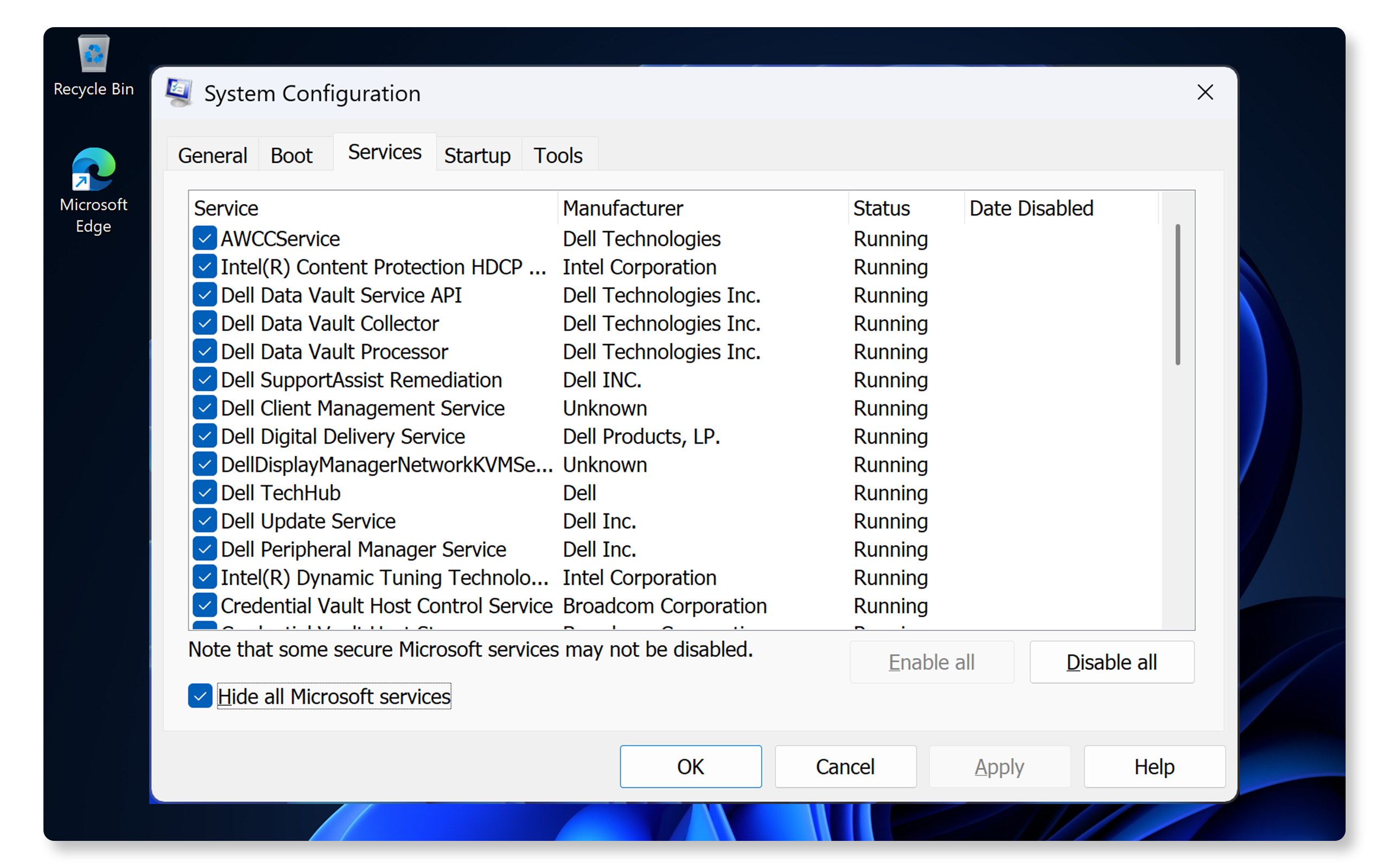 Hide Microsoft services in msconfig