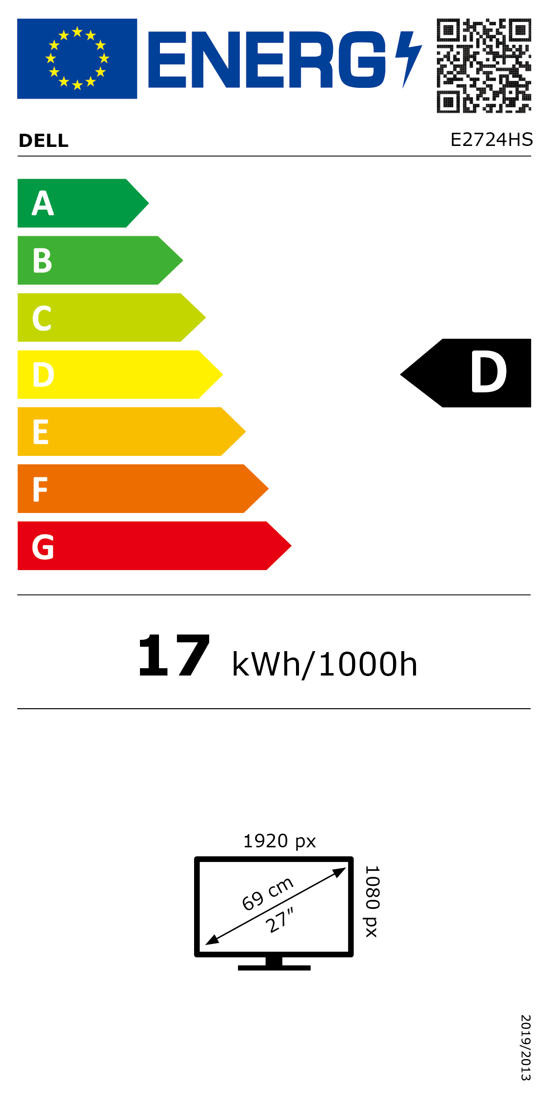Escala energética de la UE: A (la más alta)/G (la más baja); clasificación de e2724hs: D, 17 kWh/1000 h; resolución: 1920 x 1080 px; medidas en diagonal: 27", 69 cm; código QR disponible en la imagen para obtener más información