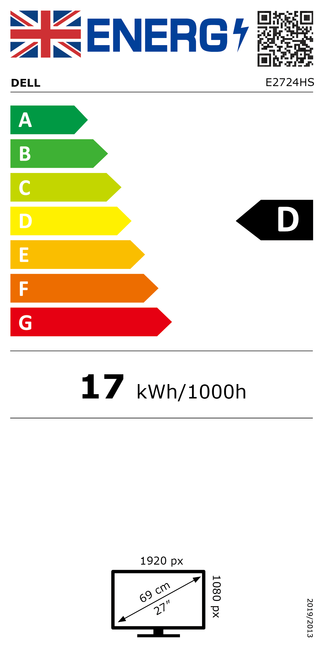 EU Energy Scale: A (Highest):G (Lowest); e2724hs rating: D., 17 kWh/1000h; resolution: 1920 by 1080 PX; diagonal measurement: 27 inches, 69 CM; QR code available in image for more info
