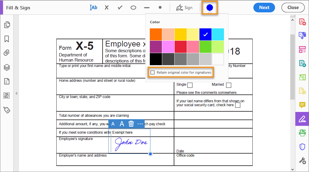 Color customization capability in the Fill & Sign tool