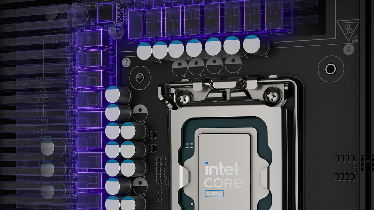 Close-up highlights voltage regulator modules located near the CPU.