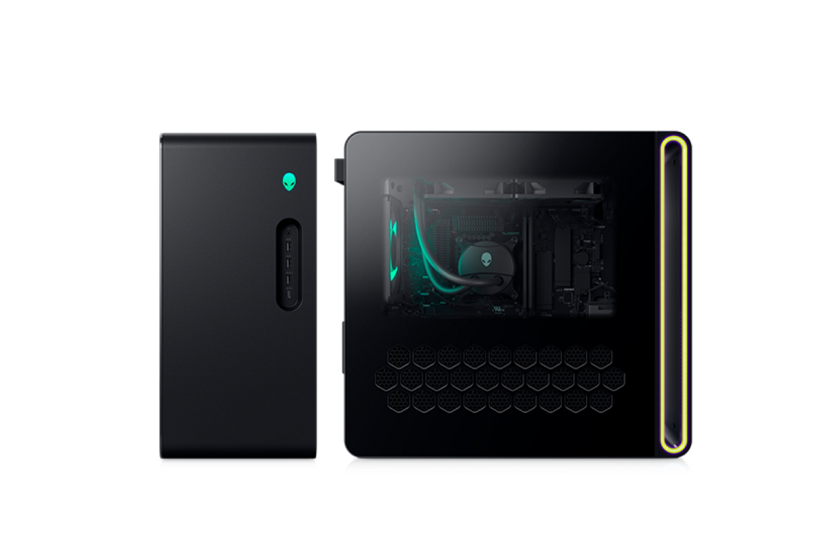 Vista anteriore e di tre quarti di Alienware Aurora con zone di illuminazione in evidenza.
