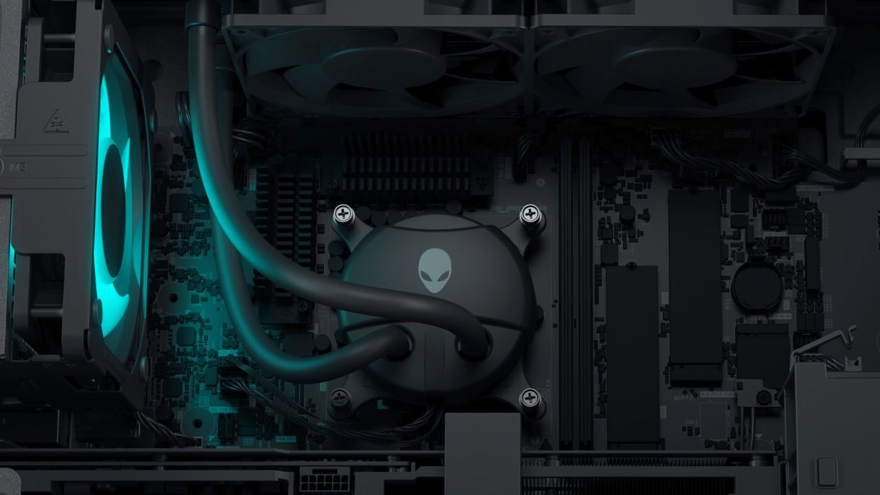 Close-up shows liquid cooling tubes connected to the CPU. 