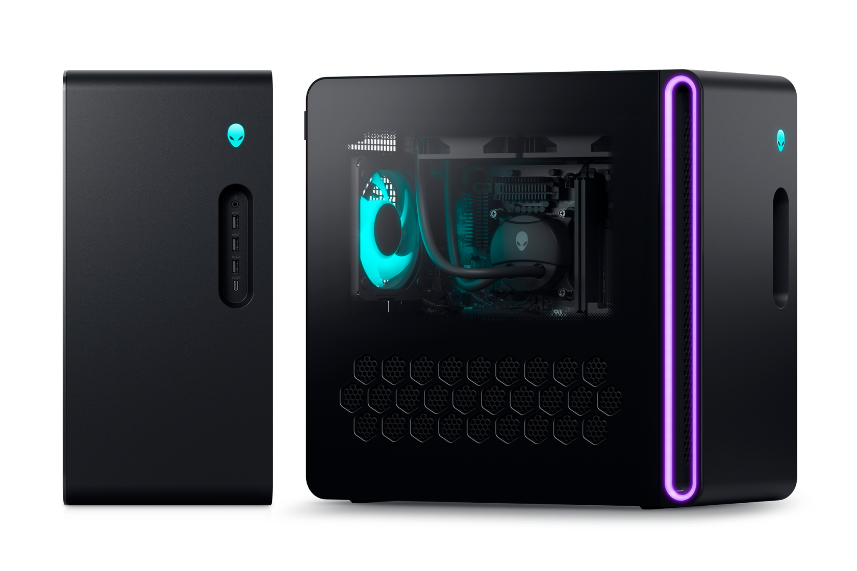 Front and three-quarter views of the Alienware Aurora with illuminated lighting zones.